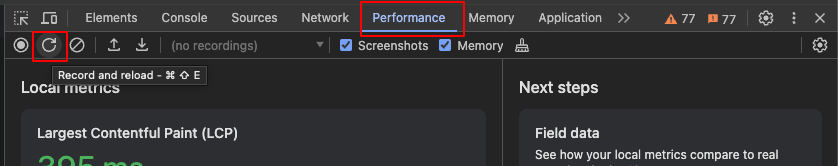 Record and reload Icon in Performance Chrome Developer Tools  Screenshot Grafik