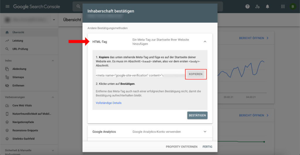 GSC Property mit Meta-Tag bestätigen