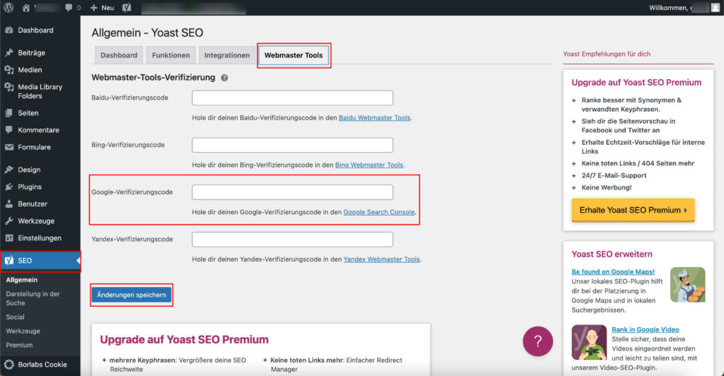 Google Verifizierungs-Meta-Tag in Yoast eintragen Screenshot