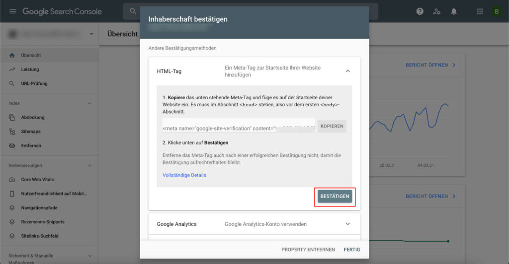 Google Search Console einrichten abschließen Screenshot